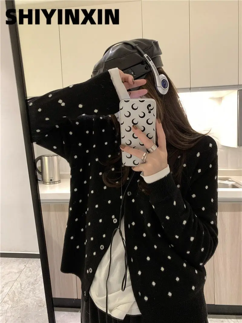 폴카 도트 O넥 긴팔 니트 가디건, 올매치 뜨게 아우터, 여성 의류, 한국 패션 상의, 신상