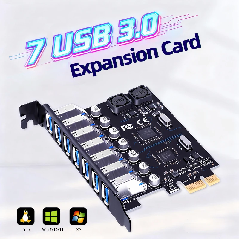 بطاقة توسيع USB3.2 Gen1 ذات 7 منافذ PCIe x1 إلى USB3.0 محول توسيع 5 جيجابت في الثانية لنظام التشغيل Windows وLinux