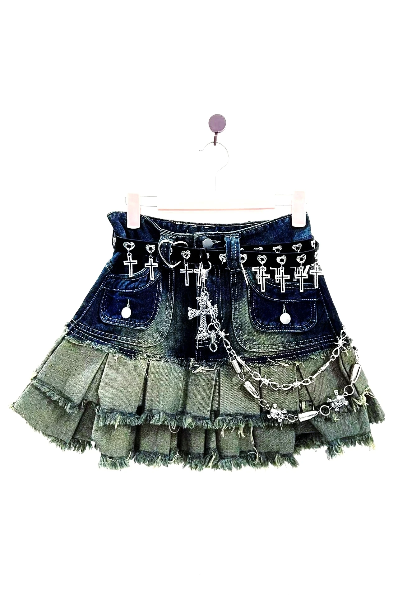 Original Subculture Y2k Clothes American Retro Denim Short Skirt Double Layer Ruffles Pleated Mini Skirt Punk Rock Grunge Skirts pearl diary women lace join together retro small floral t shirt fashion slash neck ruffles top women all match thin pullover shi