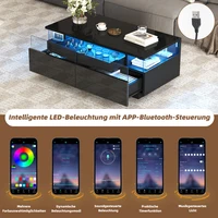 Table basse, 90×45×35,5 cm, avec plateau et éclairage LED. Table de salon haute brillance avec 2 tiroirs, structure de support en verre trempé, noir. 6