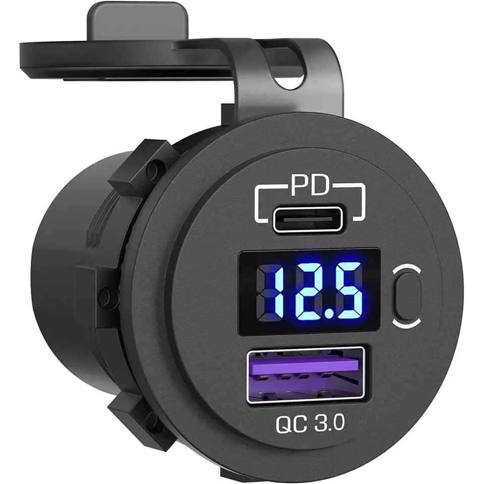 USB C Car Charger Socket 12V/24V Dual USB Socket PD3.0 and QC3.0 Car USB Port With LED Voltmeter and On/Off Switch