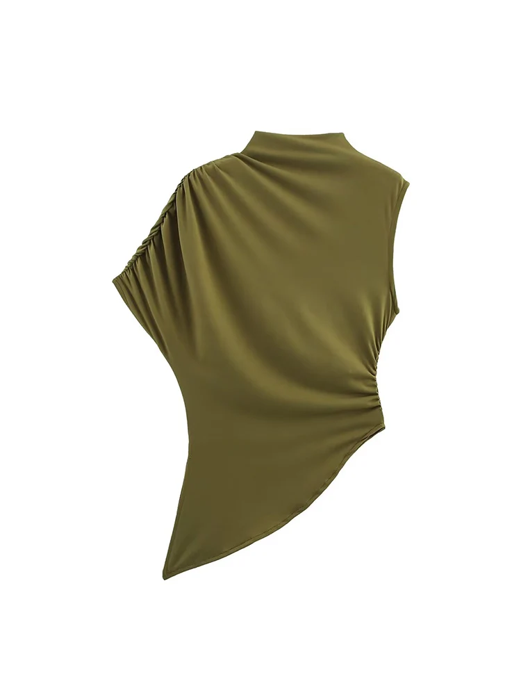 TFMLN Summer Women's Asymmetrical Tee Retro Solid O-Neck Irregular Sleeve Slim Top 2025 New Female Short Streetwear Tops