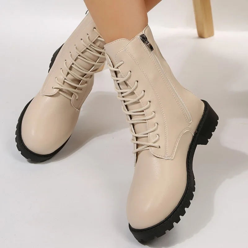 

2023 Brand Shoes for Women PU Ankle Women's Boots Classics Modern Boots Women Lace Up Side Zip Round Toe Low Heel Shoes Ladies