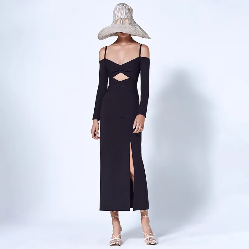 

2022 Autumn And Winter Women's Long Sleeve Slip Shoulder Vintage Small Split Fashion Bandage Dress