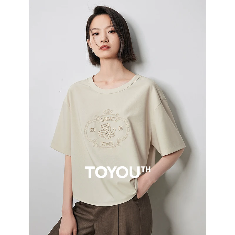 

TOYOUTH Womens Short Sleeve T-shirt 2024 Summer New Round Neck Letter Embroidery V-shaped Design Short Sleeve Short Tops