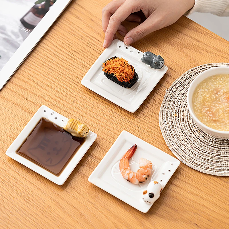 

3D Cat Soy Sauce Dish Ceramic Cute Japanese Small Seasoning Dipping Plate Bowl Kitchen Flavor Vinegar Dish Cat Chopstick Holder