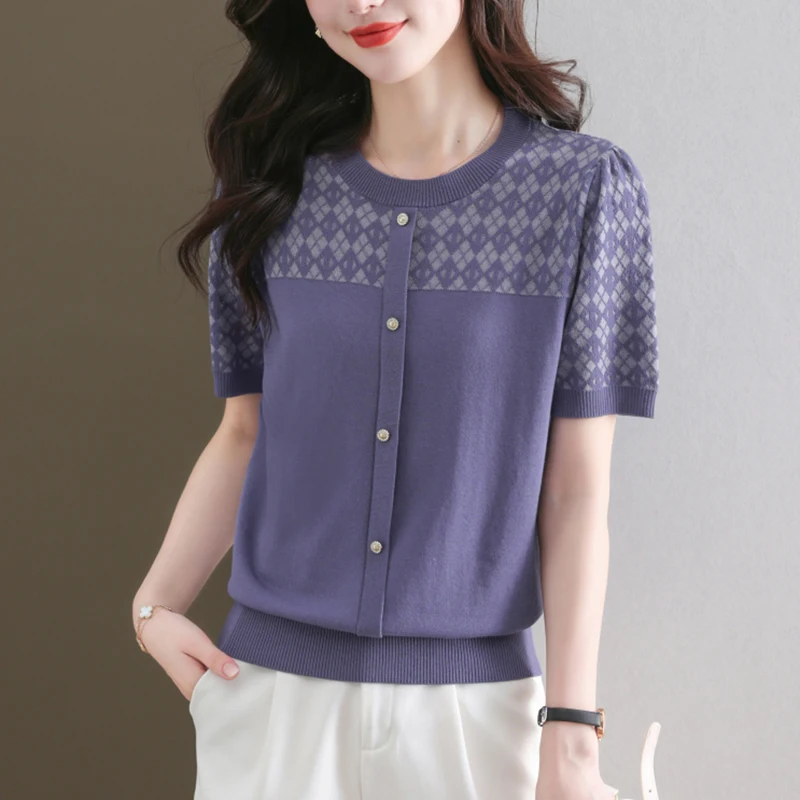 

T Shirt For Women Short Sleeve Knitted Tops 2023 Summer Elegant Womens Clothing O Neck Tshirts Button Fashion Tee Shirt Femme