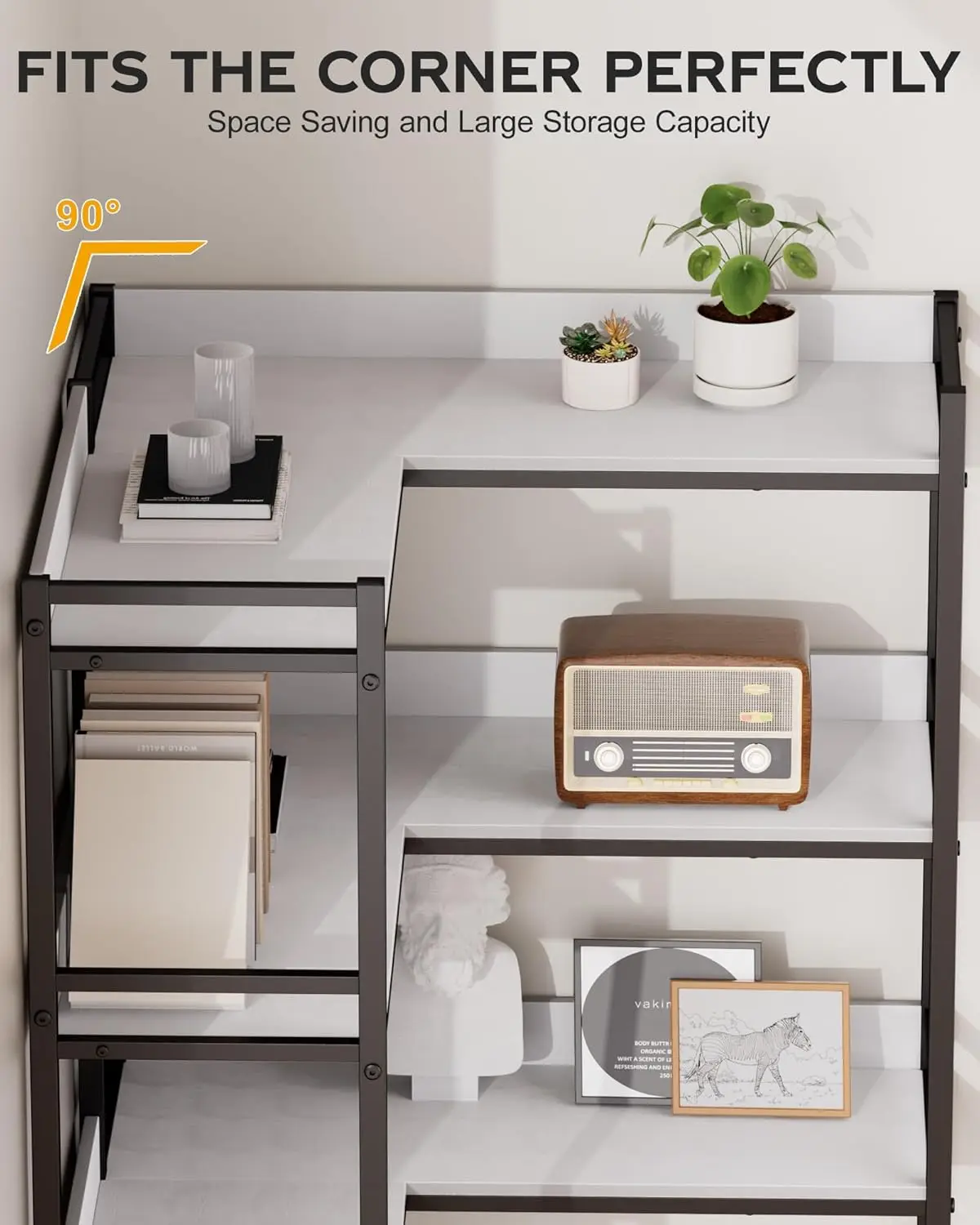 Large 5-Tier Corner Bookshelf - Modern Tall Corner Shelf Storage Display Rack with Sturdy Metal Frame - Perfect for Livin 4