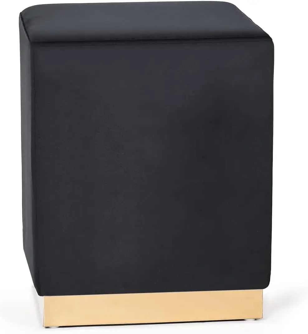 14.6" Width Square Black Ottoman Foot Stool with Gold Trim – Soft Compact Padded Stool– Great