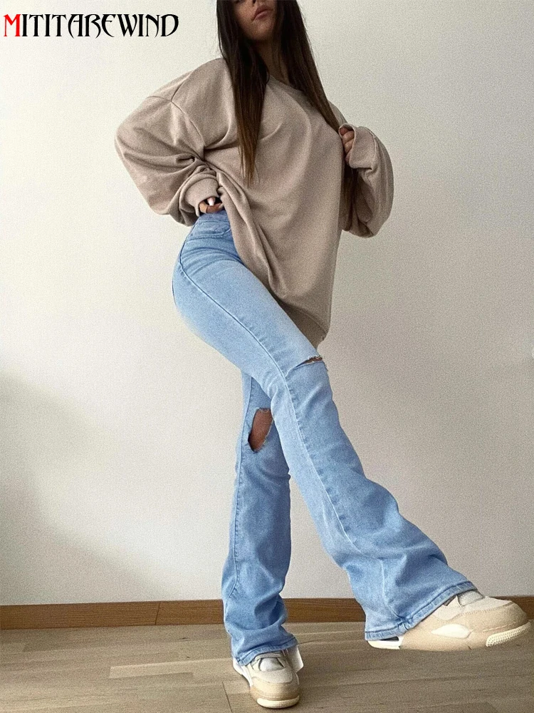 

High Waist Flare Pants Women Casual Streetwear Hole Elastic Denim Trousers Women Light Blue Washed Denim Pants Slim Fit Jeans