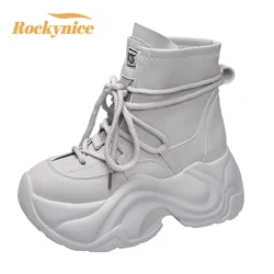 Women Autumn Winter Leather Ankle Boots 8CM Chunky Heels Motorcycle Boots Woman Thick Bottom High Platform Combat Short Booties