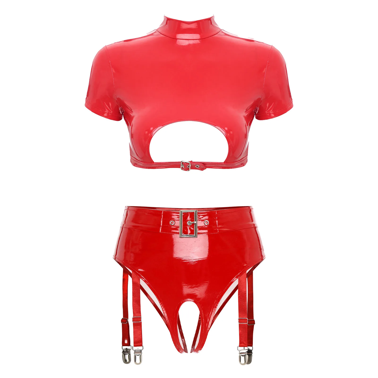 Conjunto de lencería sexy de charol para mujer, trajes de látex, top corto con cremallera recortada, cintura alta, entrepierna abierta, faldas con liga, ropa interior