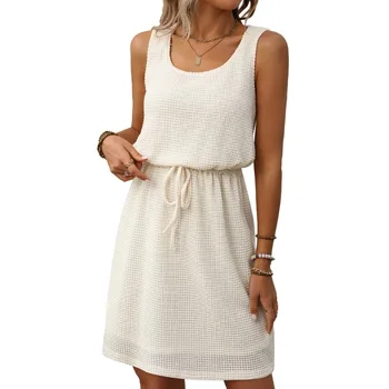 Women's Waffle Knit Tank Dress Casual Sleeveless Scoop Neck Mini Dress with Drawstring Waist Lightweight Summer Beach Dress 1