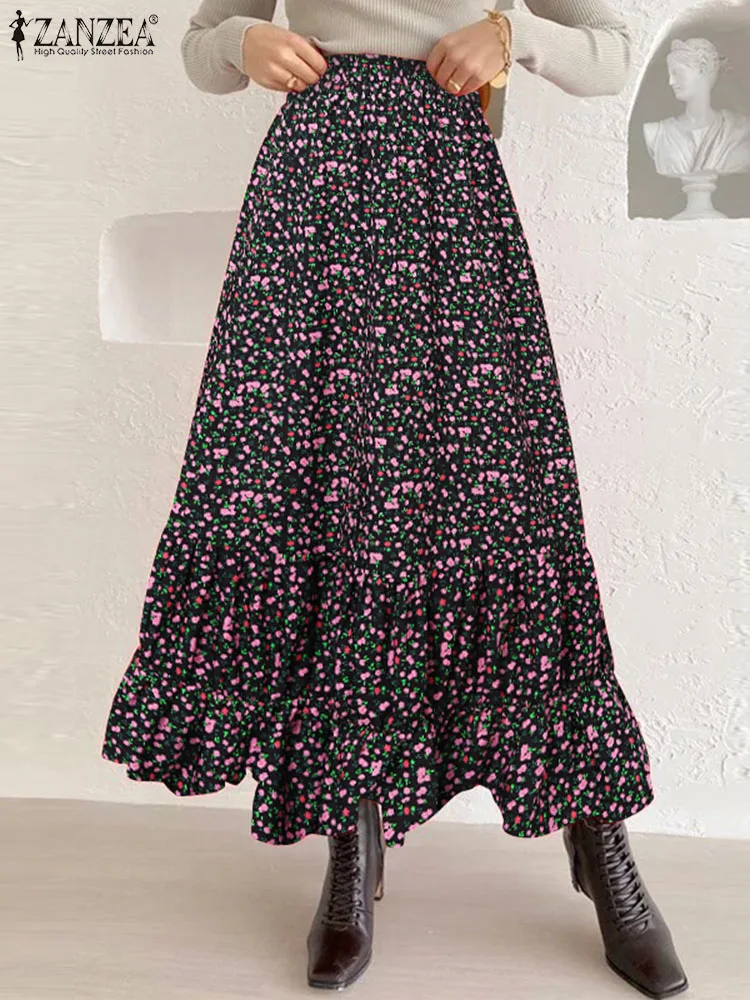 

Summer Pleated Tiered Skirt ZANZEA Bohemian Floral Print Maxi Skirt Women Elastic High Waist Long Jupe Holiday Ruffled Hem Falda