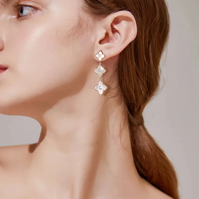 Gold Color Three-Section Four-Leaf Clover Earrings Women's Wedding Gift