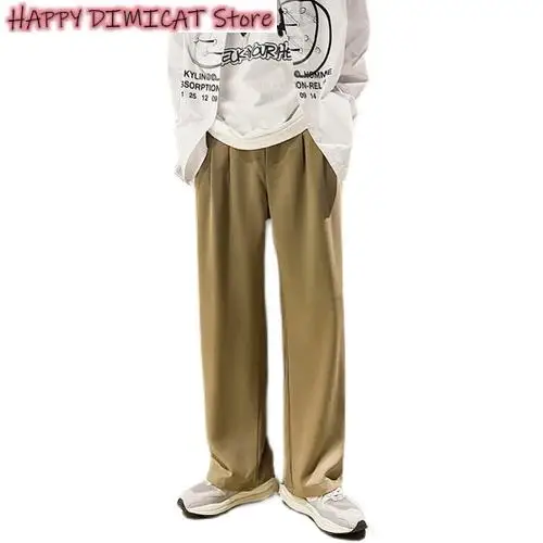 Loose Straight Trousers Men Casual Pant Men Baggy Wide Leg Pants Ankle Length Elastic Waist