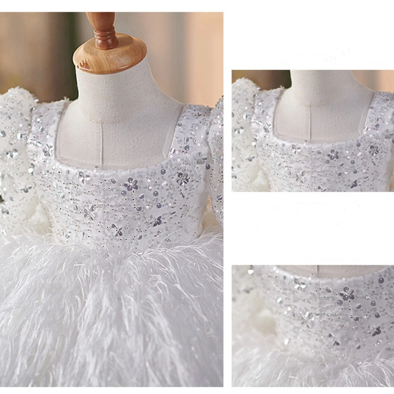 Bridesmaid Dress for Flower Girls Princess Weddings Luxurious Kids Sequin Hostess Costume Matching Children Feather Gown Outfit - 6