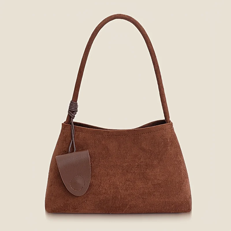 Women's Elegant Retro Tote Bag Suede Fabric Shoulder Bag Solid Brown Hand with Zipper Closure Durable & Fixed Strap Phone Makeup