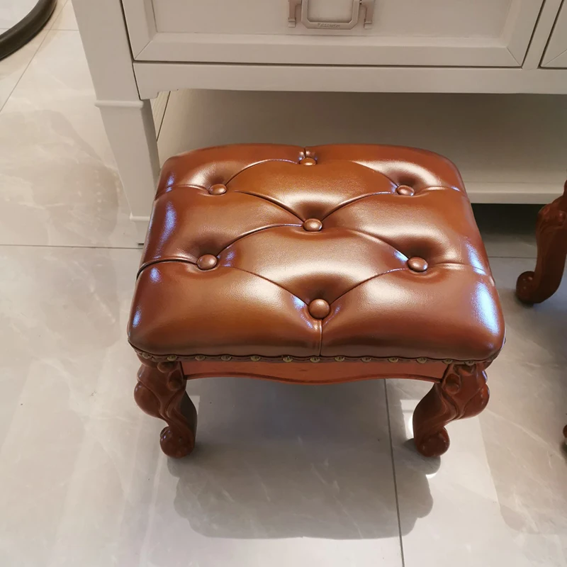 Solid Wood Stool American Leather Stool Leisure Seat Nordic Furniture Footstool Change Shoe Stool Folding Chair Customized