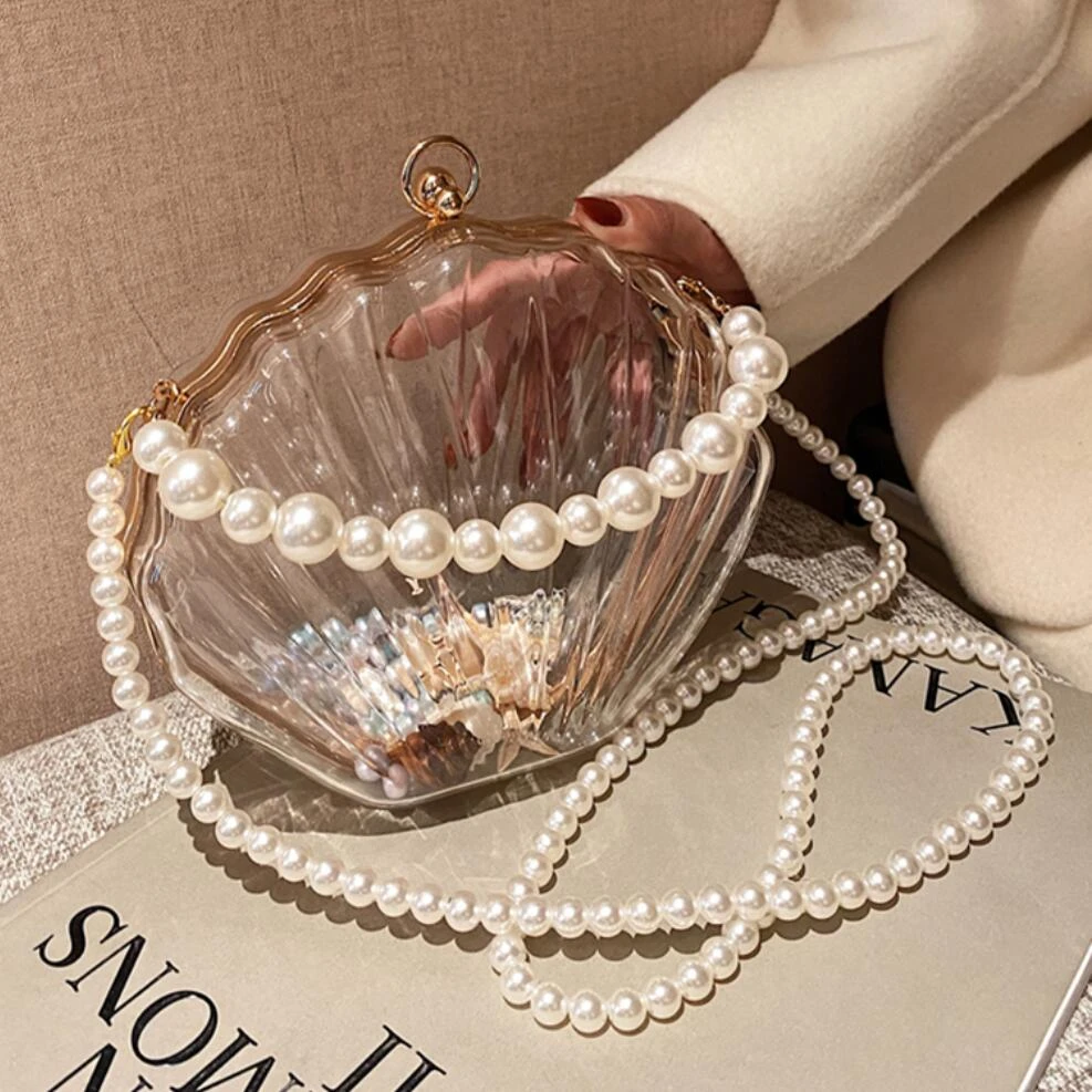 Transparent Acrylic Shell bag 2022 Fashion High quality PVC Women's Designer Handbag Pearl strap Shoulder Messenger Clutch Bag
