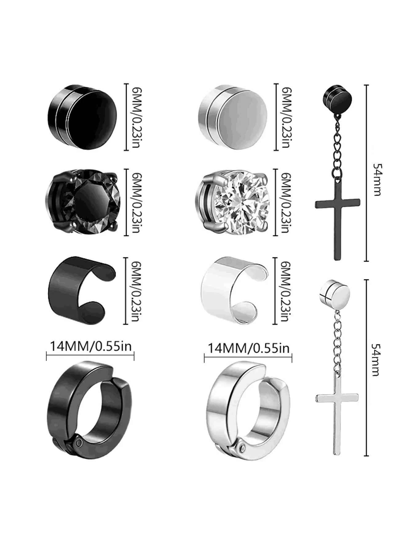 1-10 Pairs of Men's Fashionable Ear Hole Free Magnet Zircon Stainless Steel False Earring Set Unisex Non Piercing Clip Earrings 6