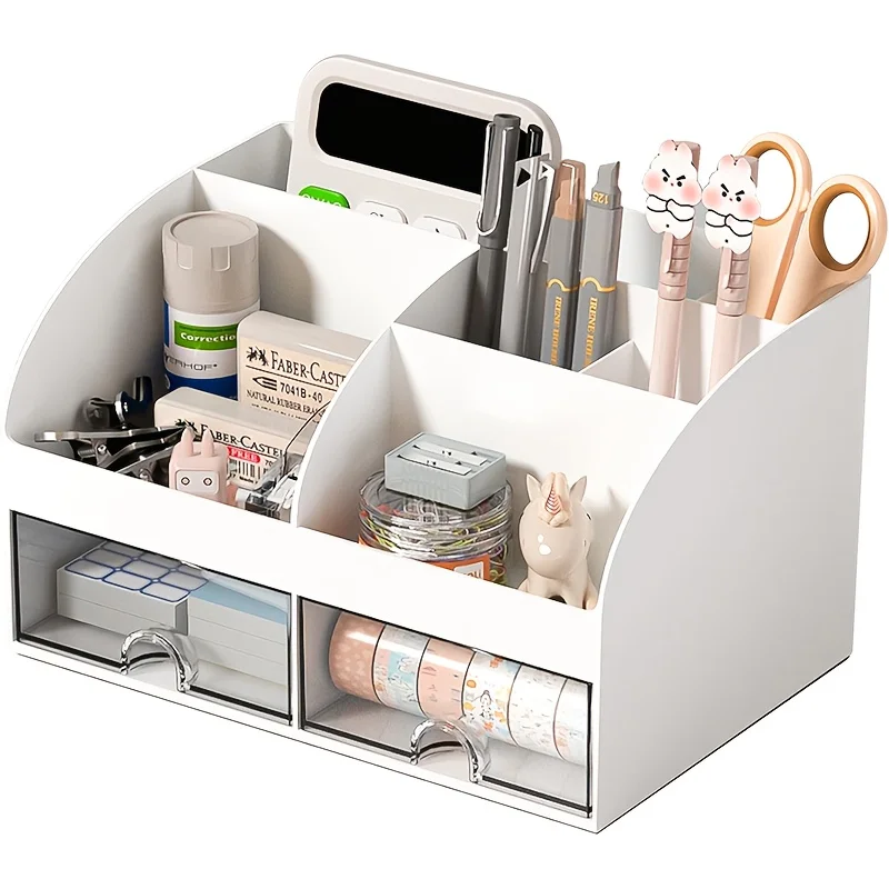 Organizer da scrivania a 6 scomparti con 2 cassetti, contenitore in plastica per cosmetici, set organizer da scrivania, portapenne, perfetto per l'organizzazione - immagine 6