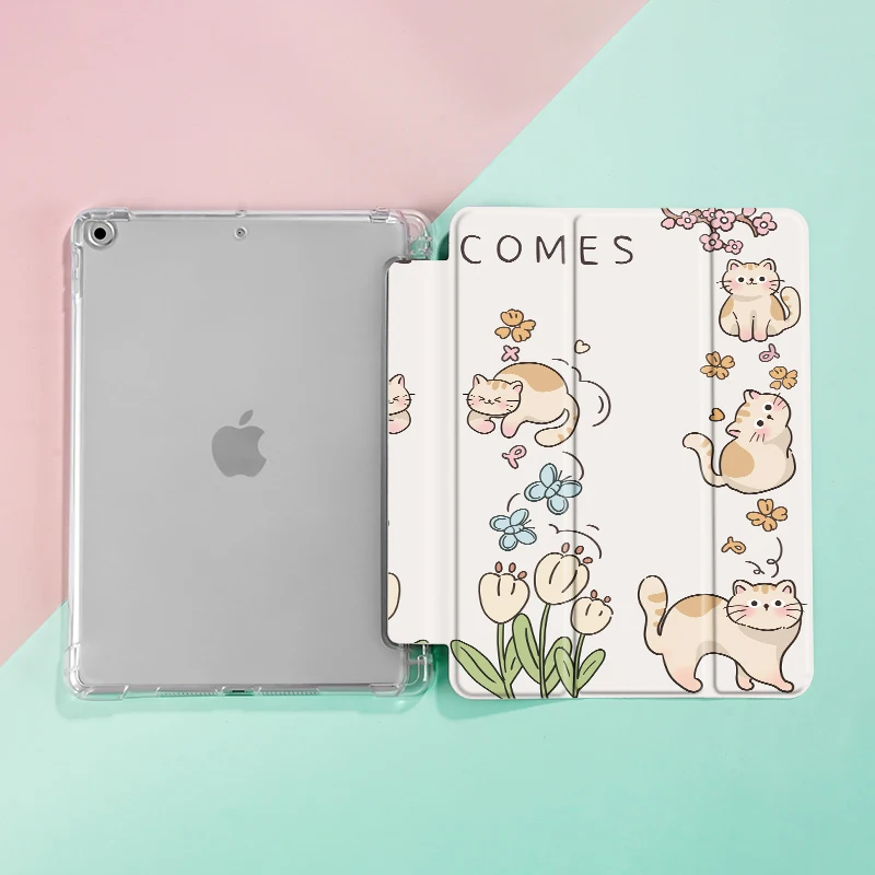 Adorable Cats Tablet Cover with Pencil Holder and Auto Wake/Sleep Function