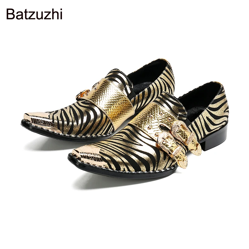 Batzuzhi Men's Shoes Pointed Iron Toe Handmade Men Dress Shoes Leather Blue/Gold Business, Party and Wedding Shoes for Men,38-47