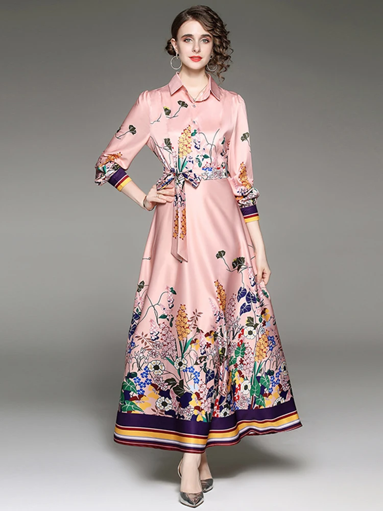 

Banulin Runway Designer Autumn Maxi Dress Women's Fashion Long Sleeve Floral Print Bow Sashes Party Long Robe Vestdios