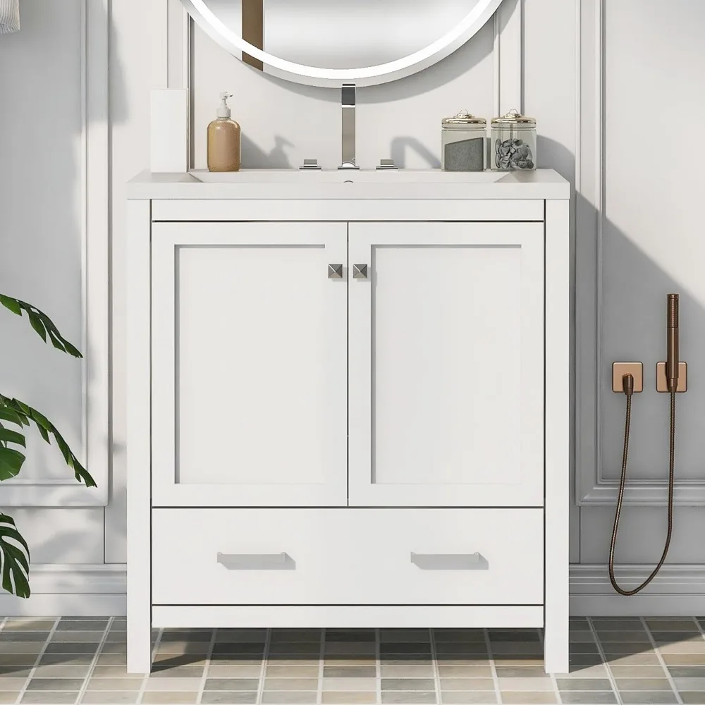 30 in Bathroom Vanity with Sink,1 Large Drawers and 2 Storage Doors,Wood Single Sink Bathroom Vanity,Modern White Bathroom 3