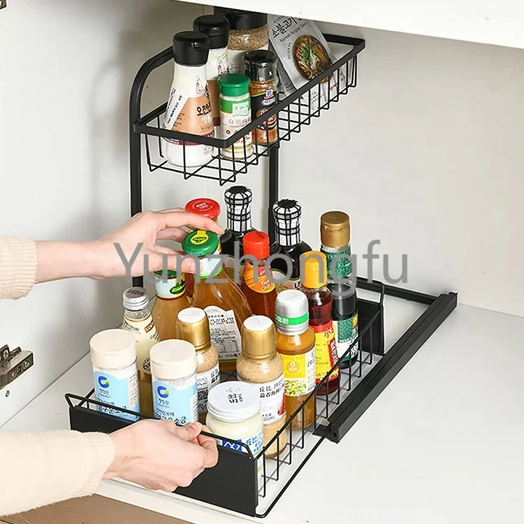 

2022 Wire Manufacturer New Household Products 2 Tier Black Sliding Under Sink Organizer Kitchen Cabinet Drawer Storage