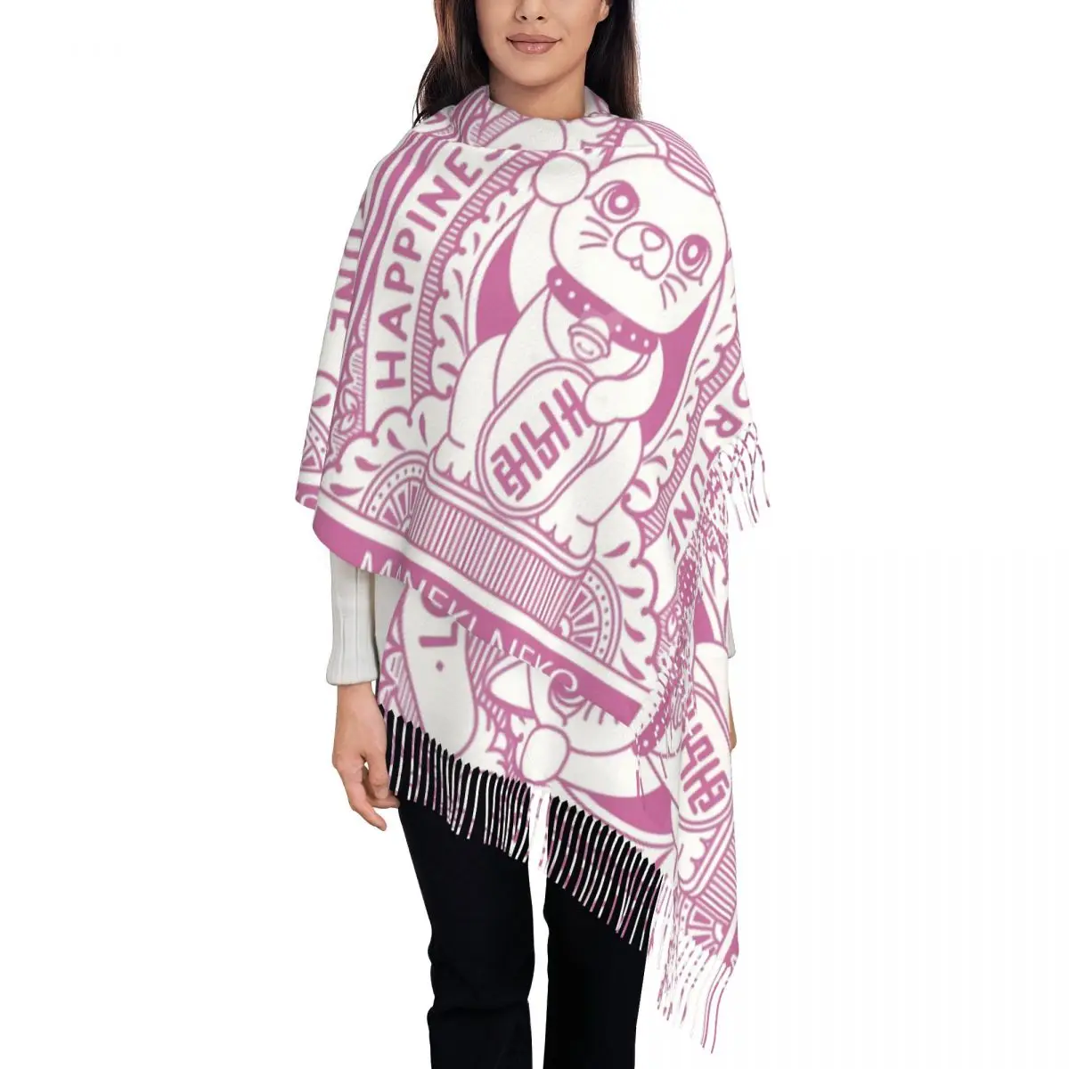 

Womens Scarf Outdoor Maneki Neko Large Scarves with Long Tassel Fortune Cat Popular Shawls and Wrap Autumn New Design Bandana
