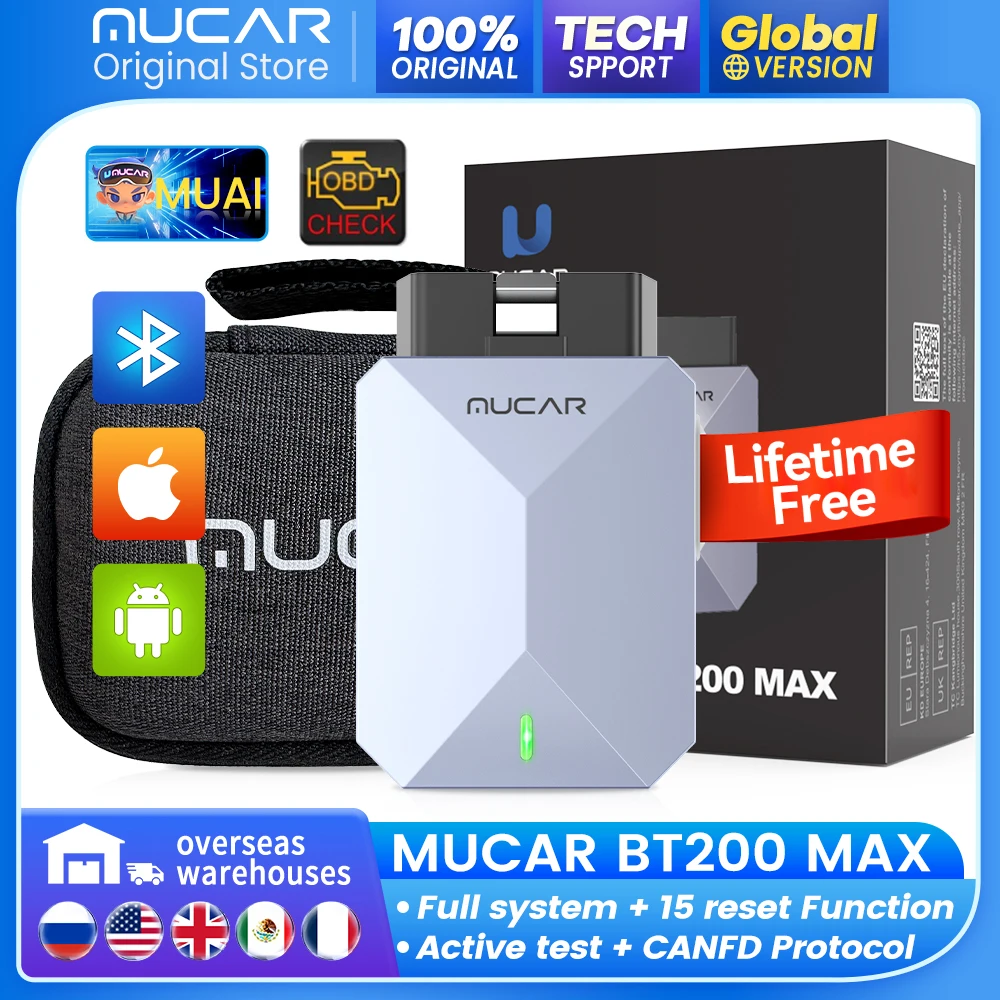 Outil de diagnostic complet pour voiture MUCAR BT200 MAX AI Auto avec 15 fonctions de réinitialisation, bidirectionnel, CANFD, mise à jour gratuite à vie