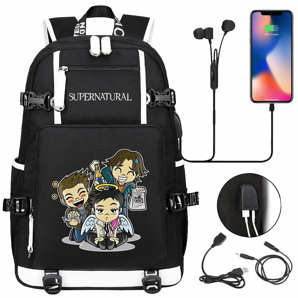 

Cute Supernatural SPN USB Charging Backpack Bags Laptop School Travel Book Causal Bags Students Laptop Girls Rucksack Gift