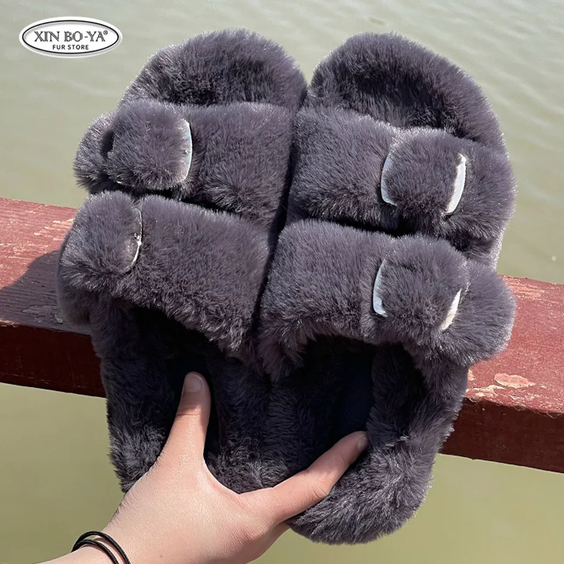 Winter Warm Flat Fur Slippers Women Faux Fur Fluffy Furry Home Slides Woman Comfort Non Slip Indoor Outdoor Shoes Women Slippers