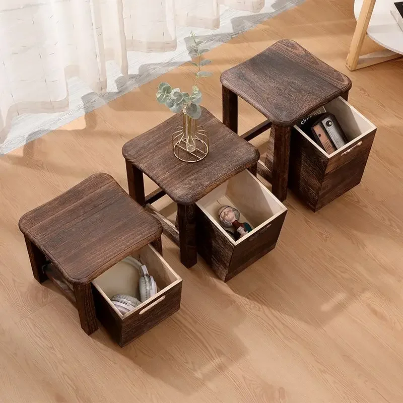 Solid Wood Nordic Storage Square Stool with Drawer Entrance Hallway Change Shoes Bench Sofa Bedside Low Table Ottoman Cabinet