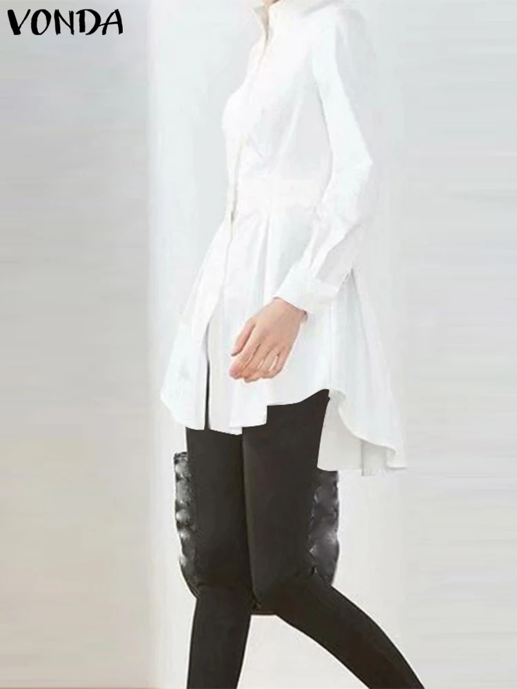 

Elegant Blouse 2023 VONDA Women Fashion Solid Color Shirts Casual Standing Neck Long Sleeve Tops Waist Pleated Shirts Femininas