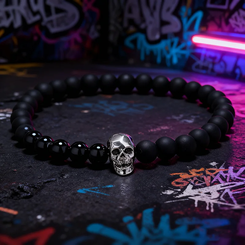 Mens Gothic Skull Bracelet Onyx Stone Zirconia