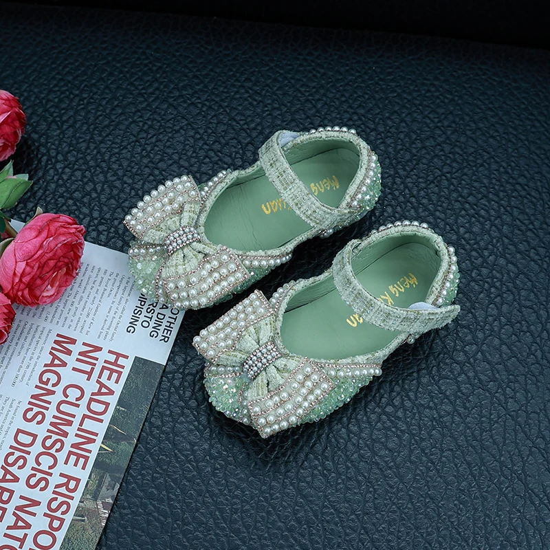 Elegant Girl's Princess Shoes Beading Bowknot Four Colors Children Mary Janes Sweet Party 21-37 Beautiful Fashion Kids Flat Shoe