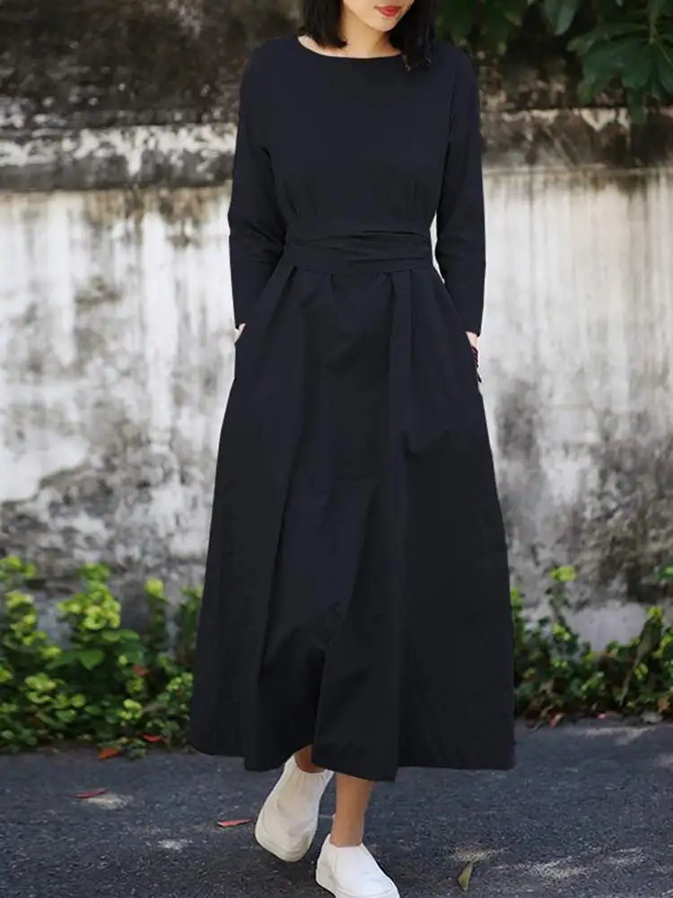 

2023 ZANZEA женский сарафан повседневный рабочий вечерние Vestido с поясом женское модное платье весеннее однотонное платье миди с круглым вырезом и длинными рукавами