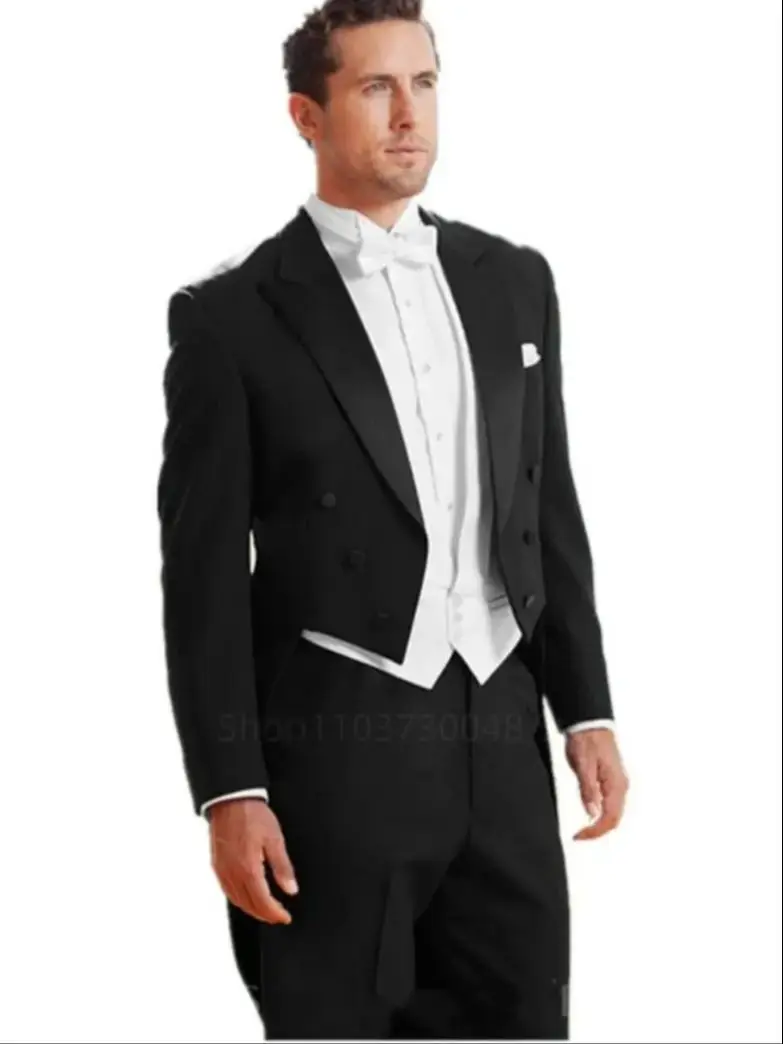 Wedding Men Tail Coat Black 3 Pieces Groom Tuxedo Tailcoat Suit Set Business Wedding Long Blazer Vest Pants Best Fashion Banquet