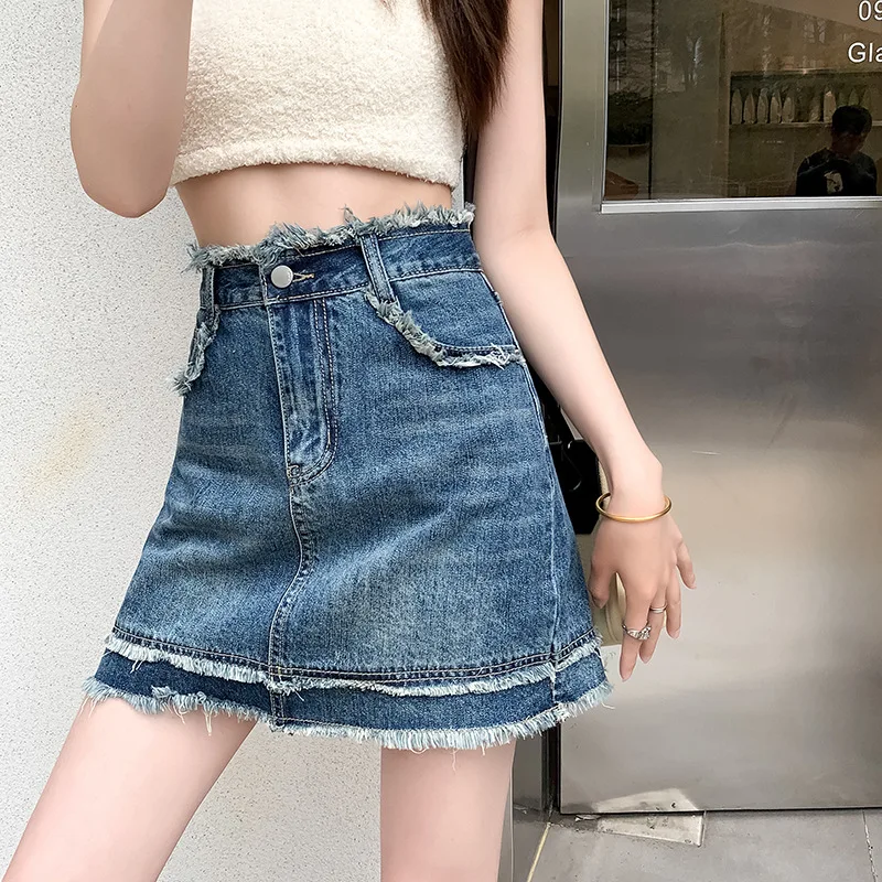 

S-2XL Womens Above Knee A-line Skirts Summer Female High Waist Solid Regulai Fit Casual Fashion Denim Ladies Clothes Hw52