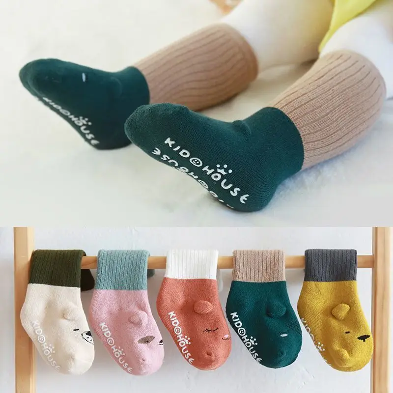 

5 Pairs/lot Newborn Baby Socks Autumn Winter Terry Floor Socks Non Slip Thickened Cartoon Contrast Color High Tube Kids Socks