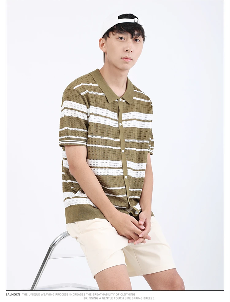 Loose Fit Knitted Polo Shirts Man Single Breasted Viscose Elastic Summer Quality Hollow Out Breathable Striped Camisas De Hombre 19 S6a6960bf4d324596aa25049490611b93z