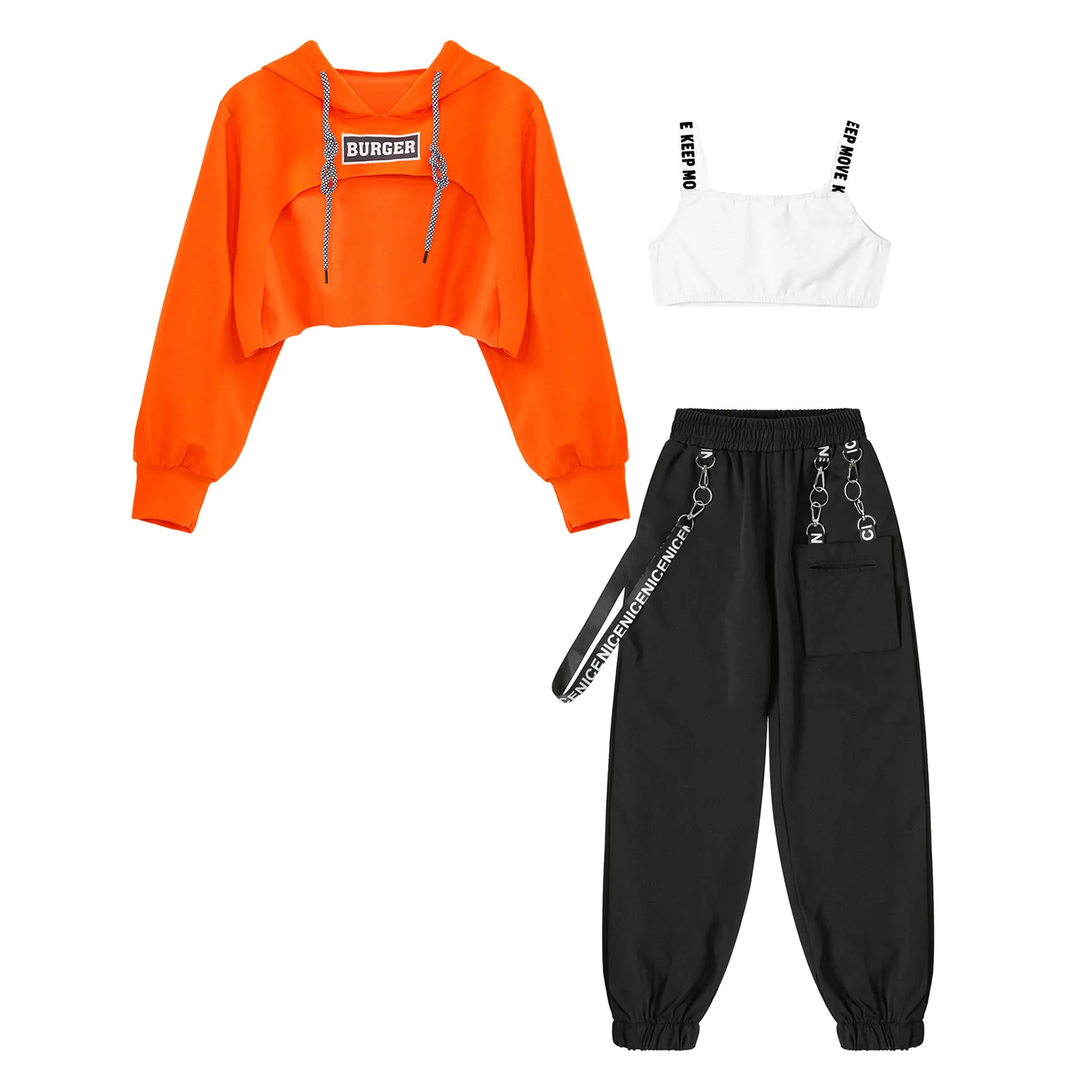 Kinder Mädchen Sportswear für Hip-Hop Jazz Dance Workout Skateboard ing Letter Print Kordel zug Kapuze Sweatshirt Weste Crop Top Hose – Detail 2