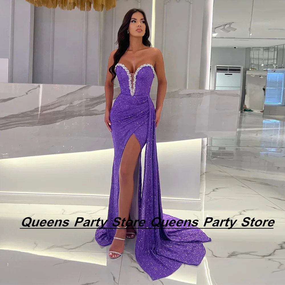 

Weilinsha Lavender Sequin Evening Dresses Mermaid Party Gown Sweetheart Sleeveless Beads Stones Slit Robe De Soiree Prom Dress