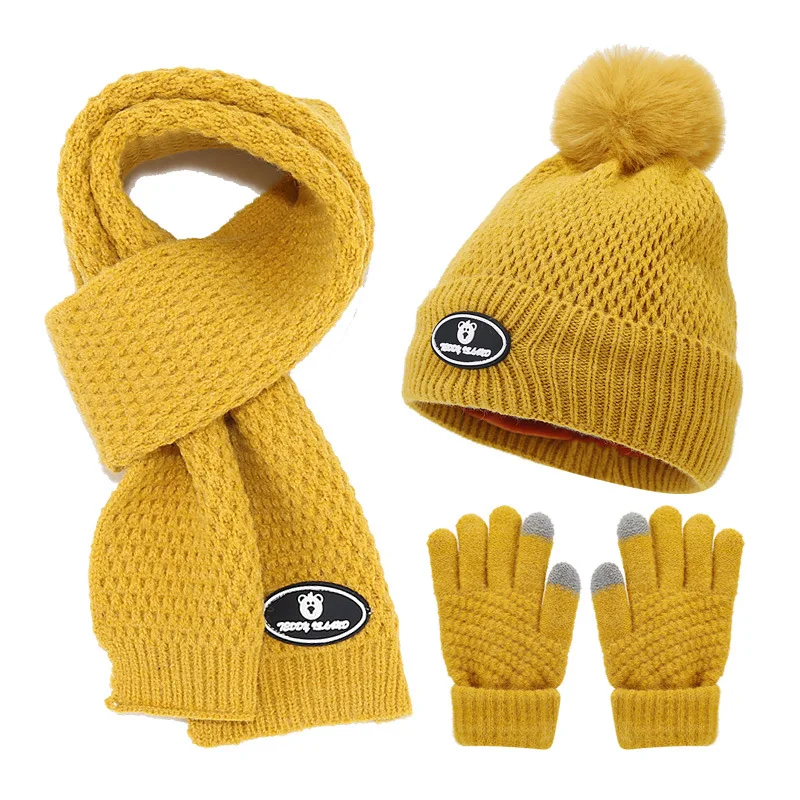 New Winter Children's Hat Scarf Gloves Set Boys Girls Faux Fur Ball Hat Thick Plush Knitted Cap Collar Gloves 3pcs Set