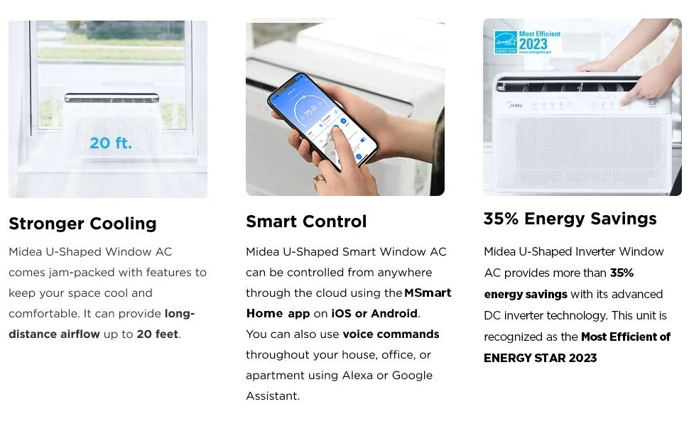 20 feet wind blow strong cooling by iOS or Android app control and voice command capability.