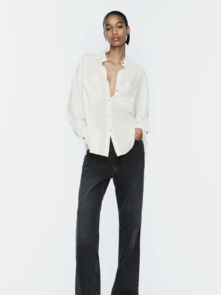 

Winter women's casual versatile loose white top with metallic stripes loose long sleeved lapel shirt