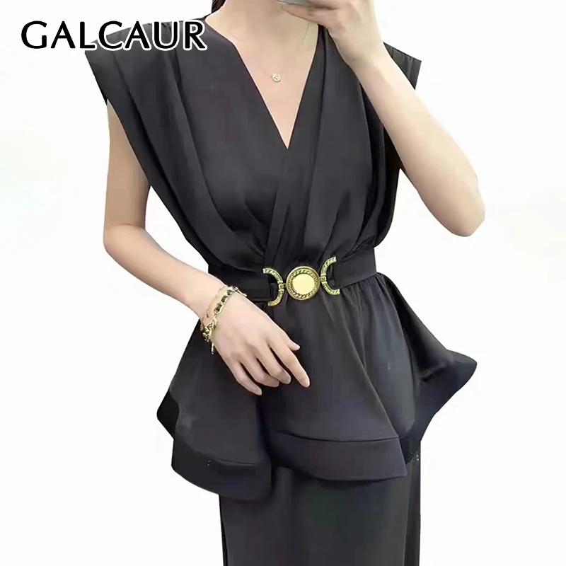 

GALCAUR Patchwork Belt Elegant Solid Shirts For Women V Neck Sleeveless Spliced Ruffles Minimalist Temperament Blouse Female New